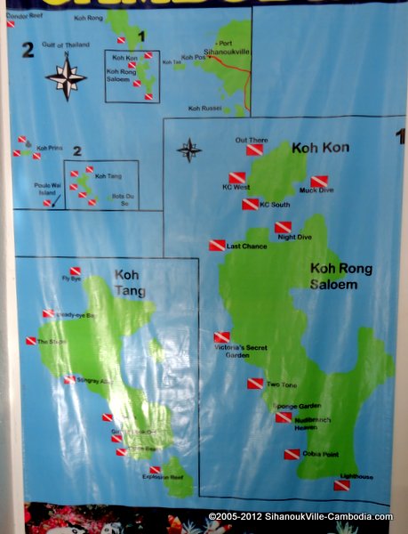 dive site map koh rong samloem and koh kon in SihanoukVille, Cambodia.