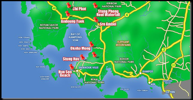map of dirt bike tour places around southern cambodia.